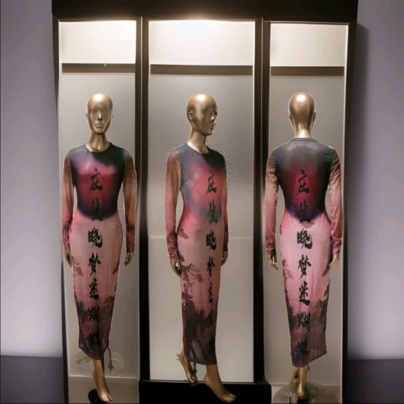 NWT Round Collar Oriental Text Print Mesh Bodycon Midi Dress Sz M - Picture 13 of 16